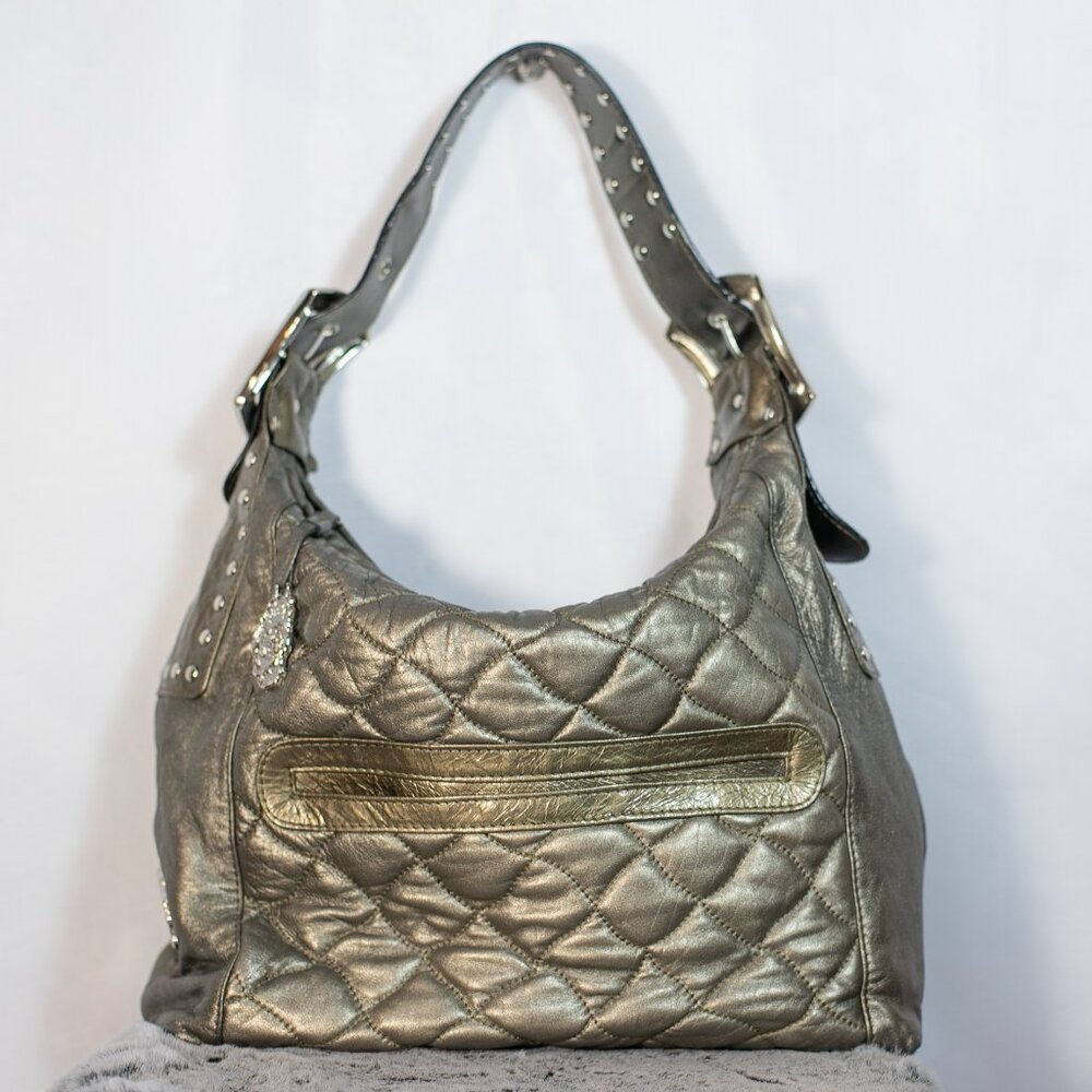 Chi By Carlos Falchi Italian Lamb Leather Shoulder Bag Gold Bronze Large